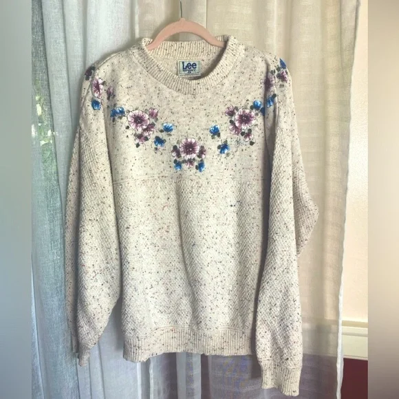 Vintage Lee Sport 100% Cotton Floral Printed Crew Neck Sweater Large Made in USA - Picture 9 of 11